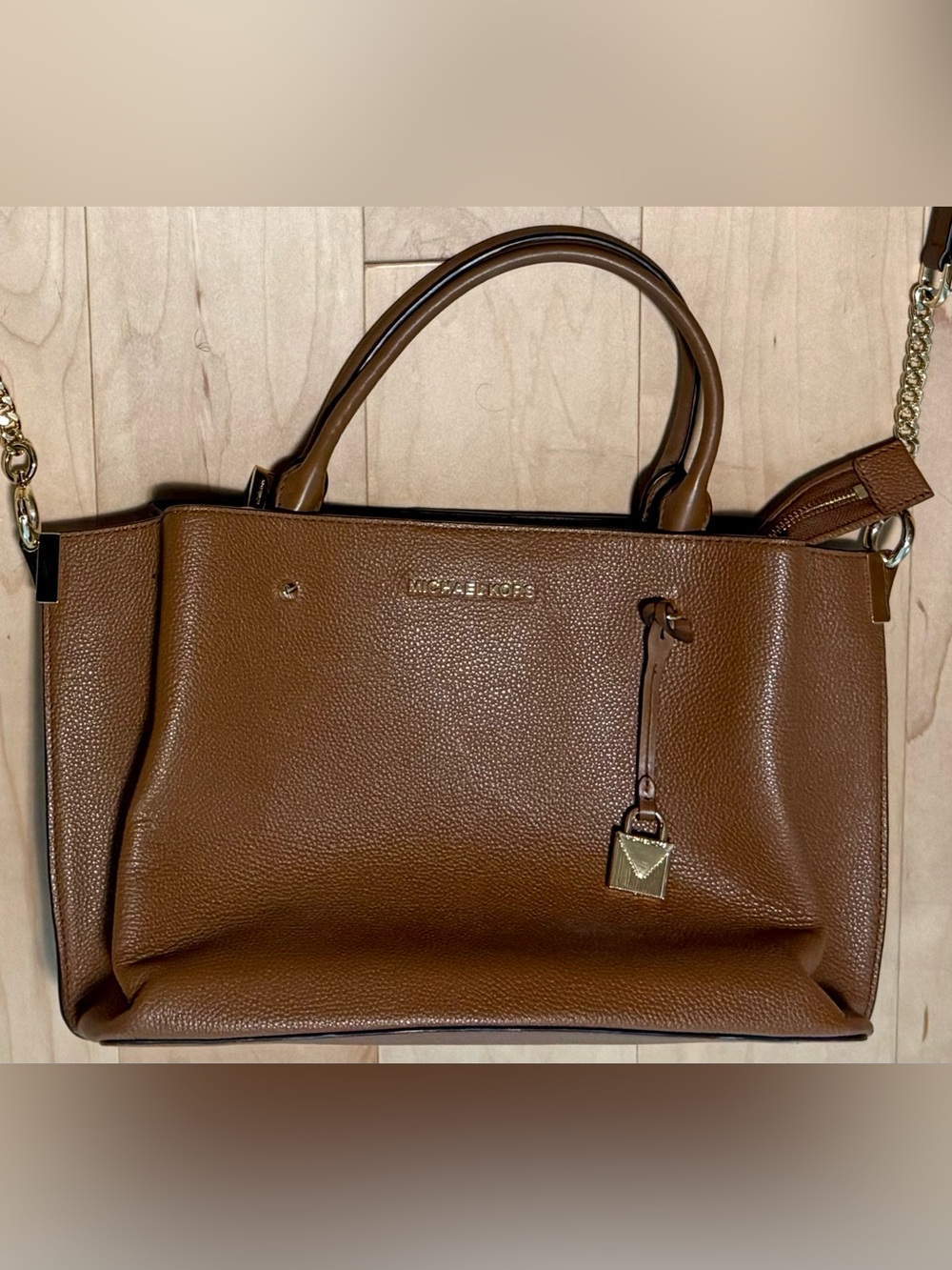 Michael Kors Arielle Large Satchel Handbag Pebbled Leather Brown Gold Padlock